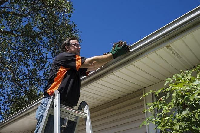 man using a ladder to fix a broken gutter in Alhambra, IL